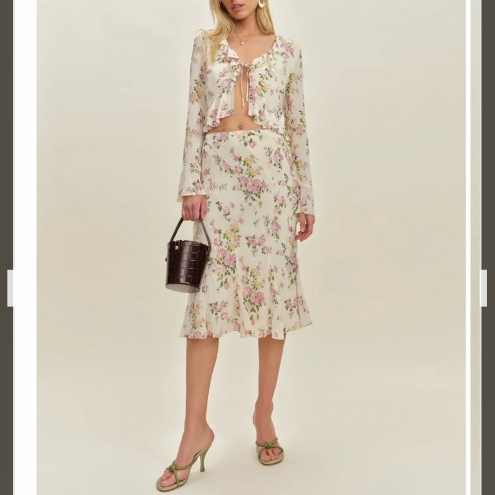 Reformation Julie Two Piece long sleeve top w/ matching midi skirt in Posy Sz 4 - Picture 2 of 16